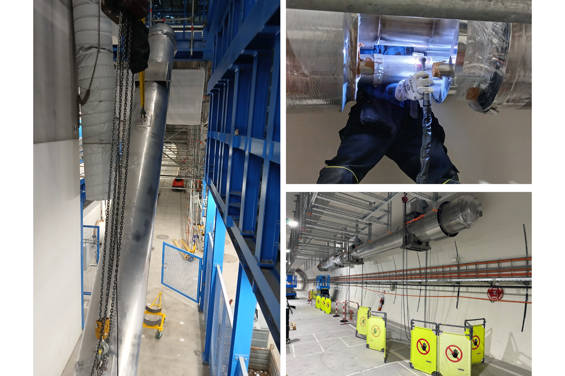 3 images. One shows a silver cylinder being lowered down a shaft, one shows yellow signs in a tunnel with two cylinders fixed to ceiling above them, one shows two silver cylinders being joined together