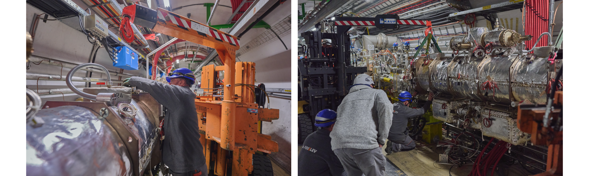men installing big cylindrical aluminium equipment in tunnel
