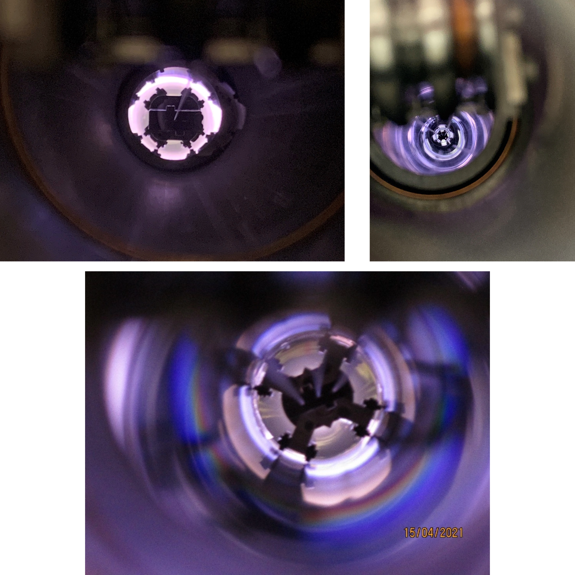 inside of a cylinder with pink and purple circular lights